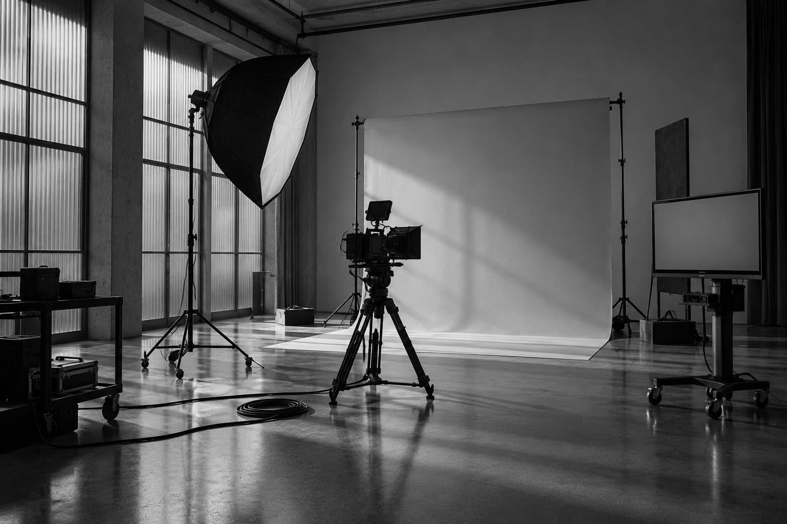 A content-production studio: camera, softbox and an empty backdrop