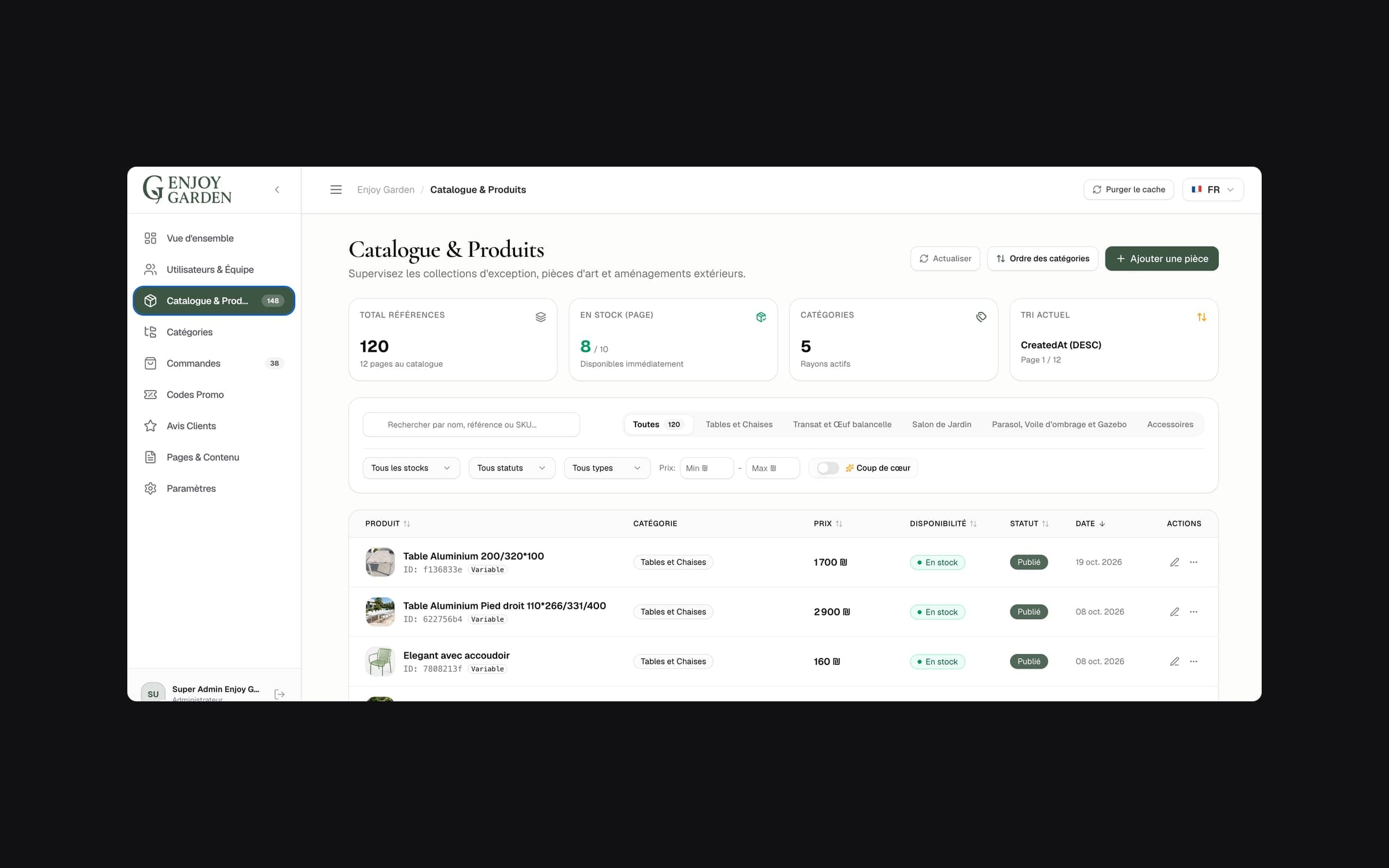 The admin dashboard: the product catalogue with stock, prices and status