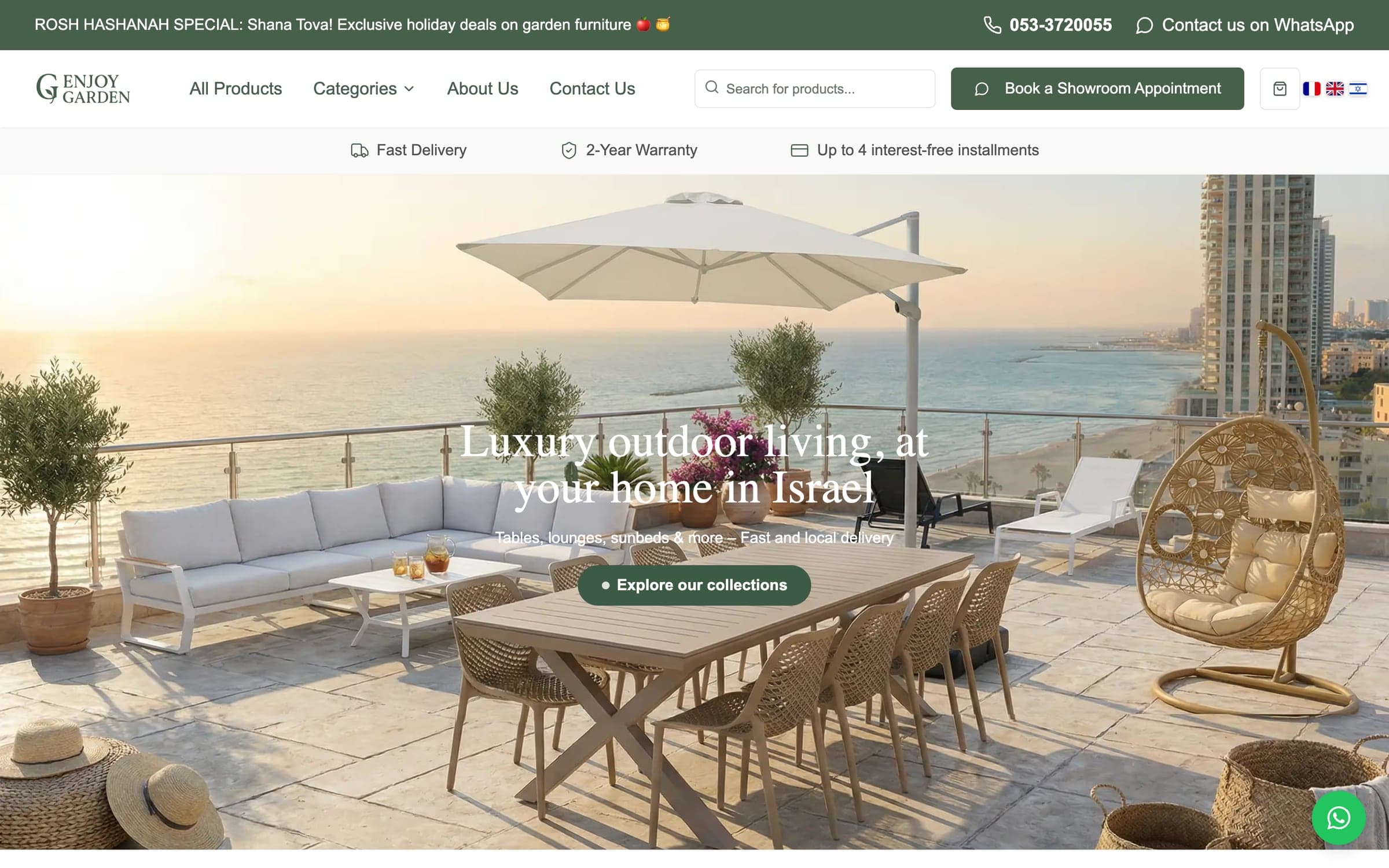The Enjoy Garden storefront: an outdoor lounge set on a terrace by the sea