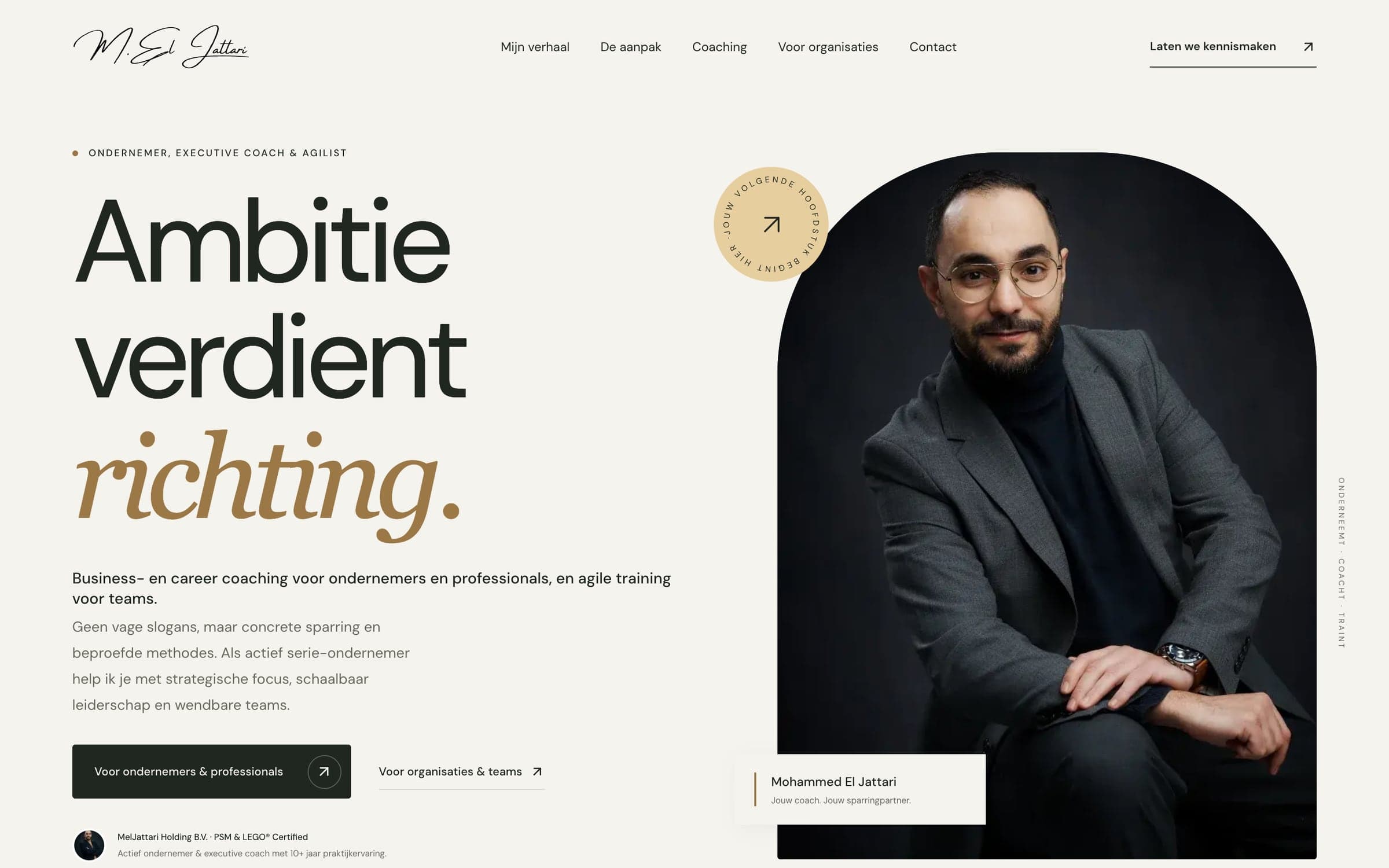 The homepage: “Ambition deserves direction”, beside a portrait of Mohammed El Jattari