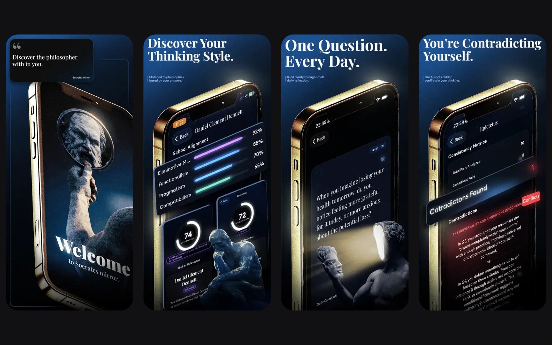 Four screens of the Wisdom app: the welcome, a thinking-style profile, the daily question and a contradiction check